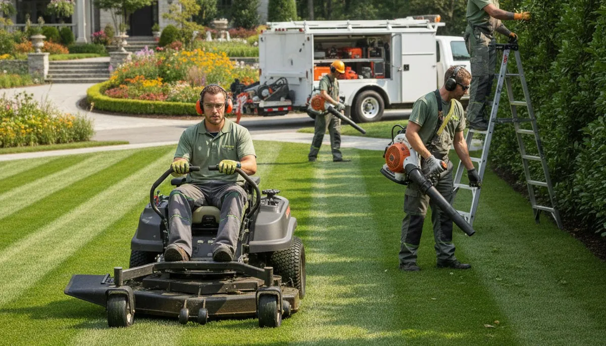 Professional lawn care team in Cincinnati, OH providing mowing and turf health services