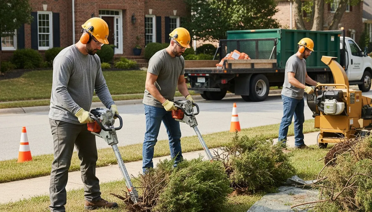 Cincinnati, OH tree service crew removing overgrown shrubs from a yard