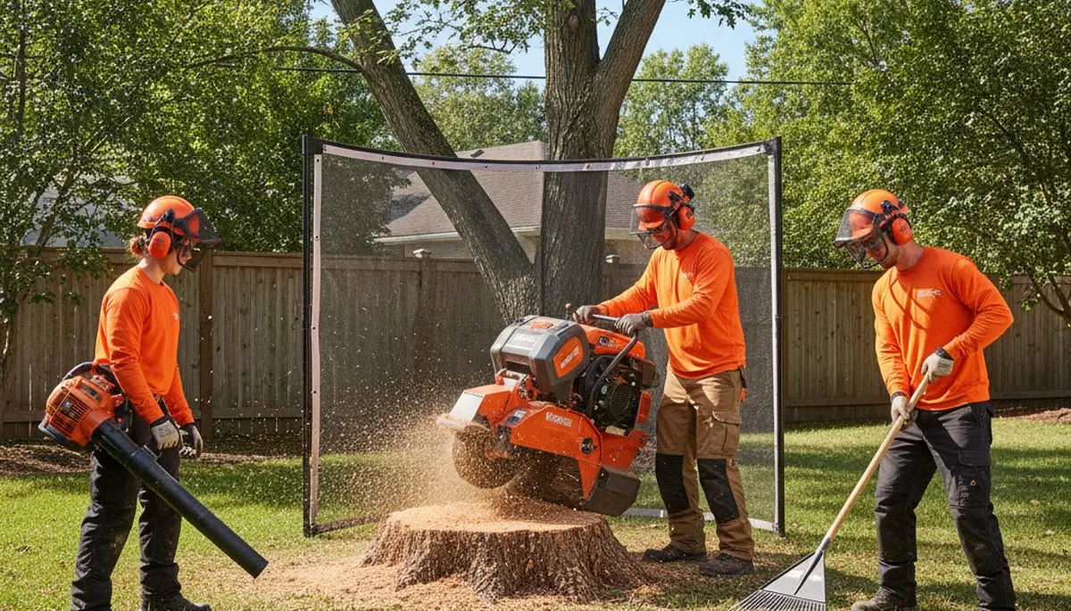 Stump removal crew in Cincinnati, OH clearing a tree stump on a residential property