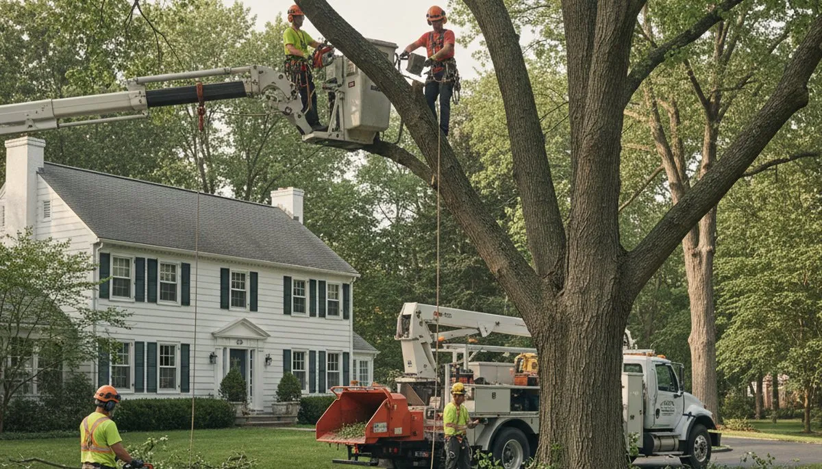 Tree service team in Cincinnati, OH handling safe tree removal for a local property