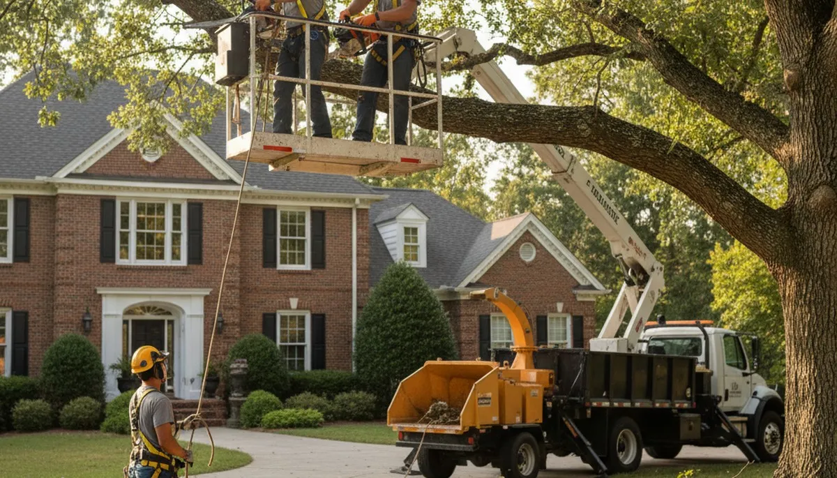 Cincinnati, OH tree service crew removing a tree with professional equipment on a residential property